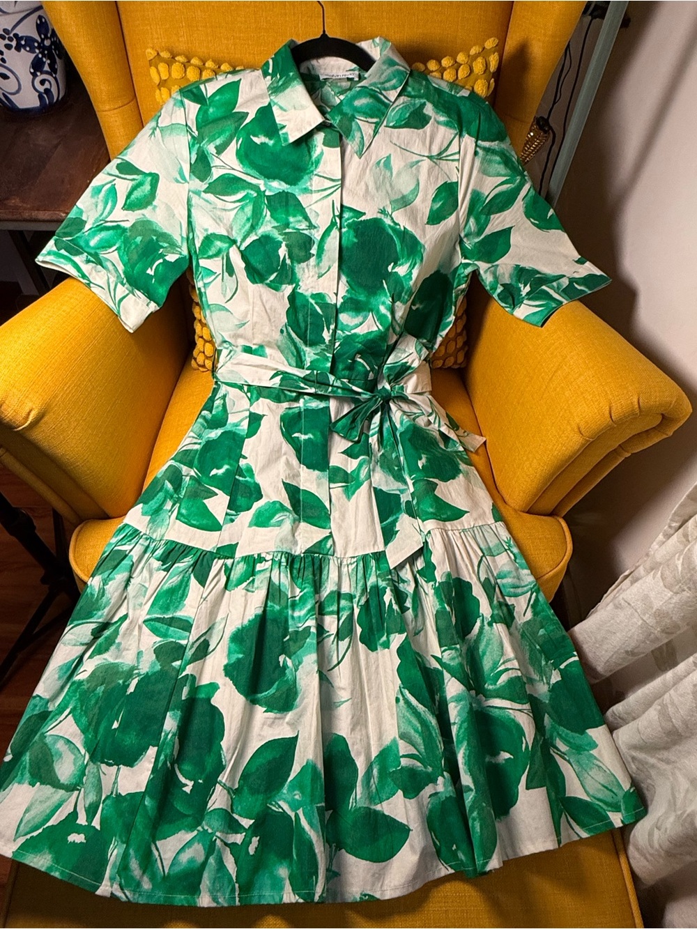 Calvin Klein White Midi Shirt Dress with Green Leaf Print